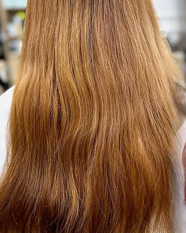 Grown-out copper-blonde hair before re-colouring