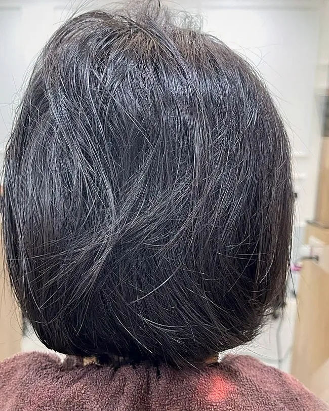A dark bob before treatment, dry and frizzy at the surface