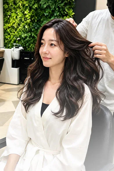 A stylist working through a client's long waves in a bright, plant-filled salon