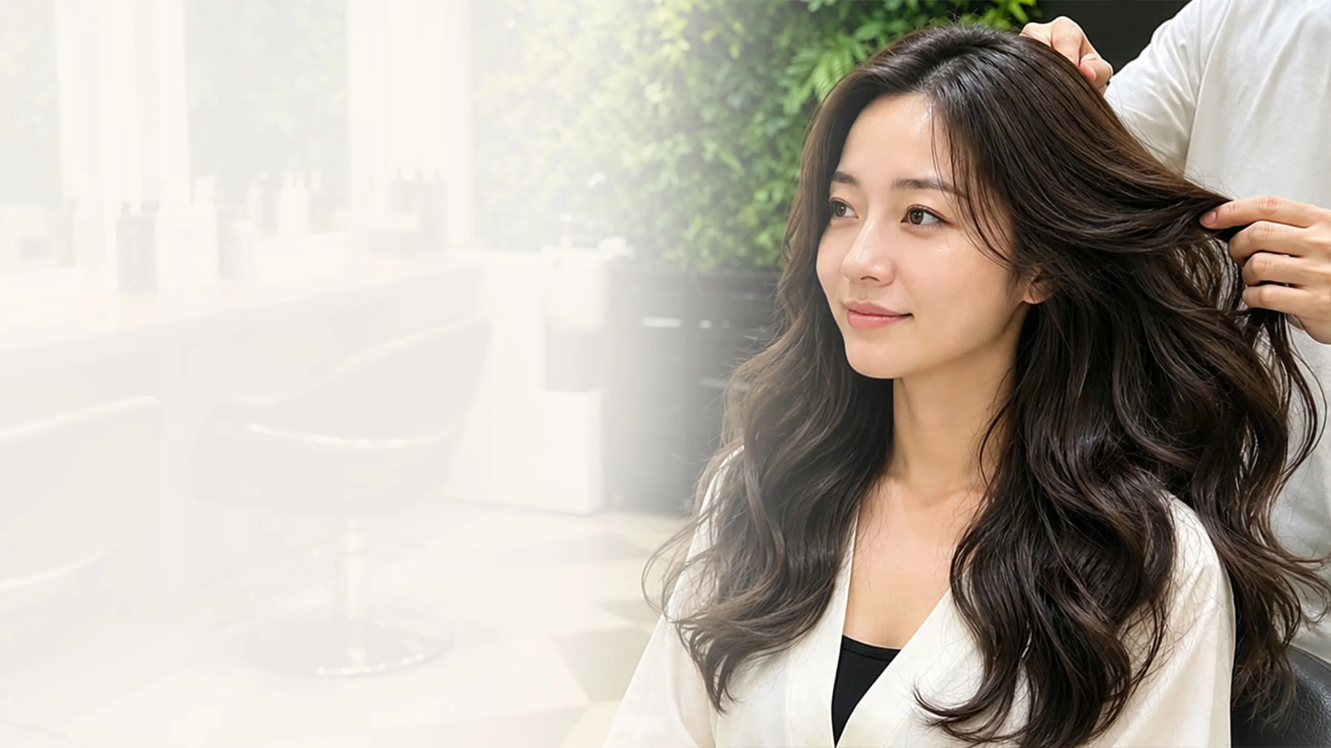 A stylist working through a client's long waves in a bright, plant-filled salon