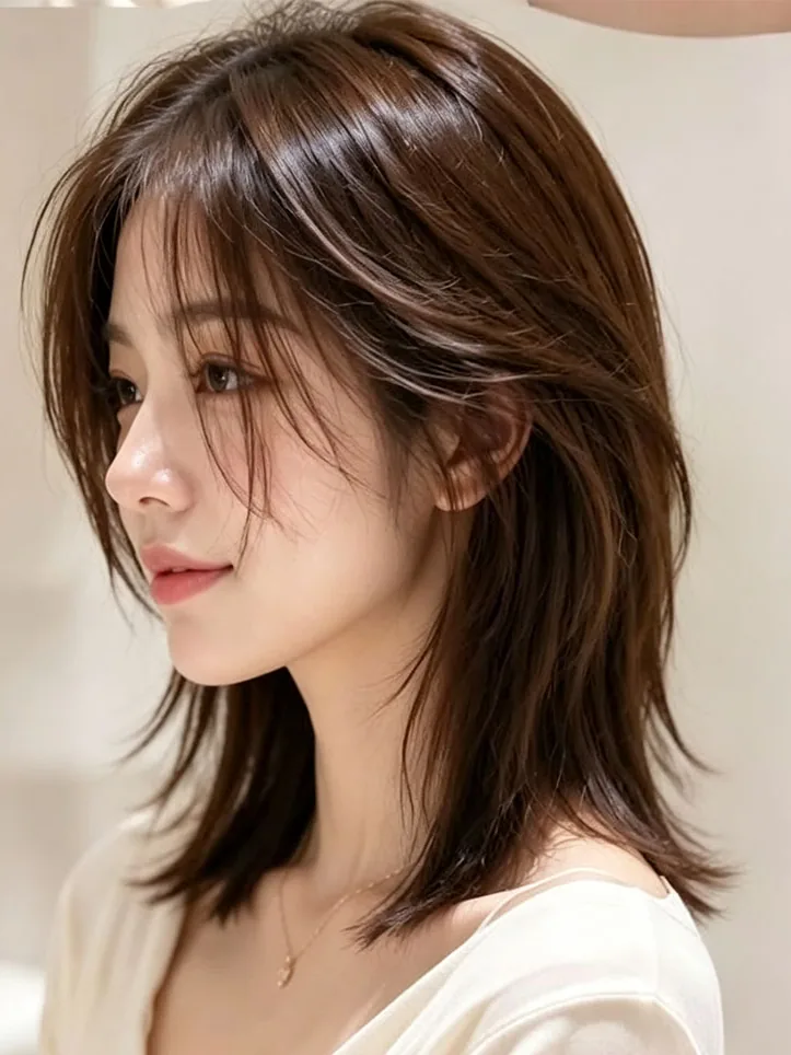 A layered cut with soft face-framing bangs, side profile