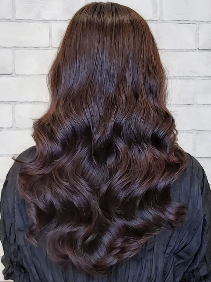 Long chestnut-brown curls with soft volume, seen from behind