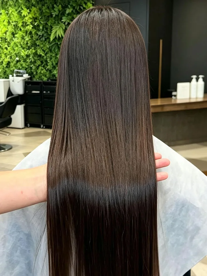 Long straight glossy hair after treatment, seen from behind