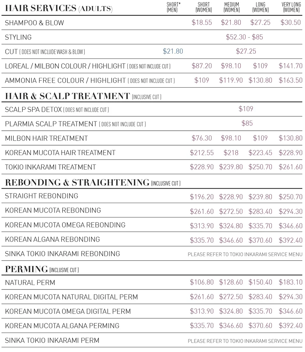 Price list for Myeongdong Korean Hair Studio, Buangkok Square