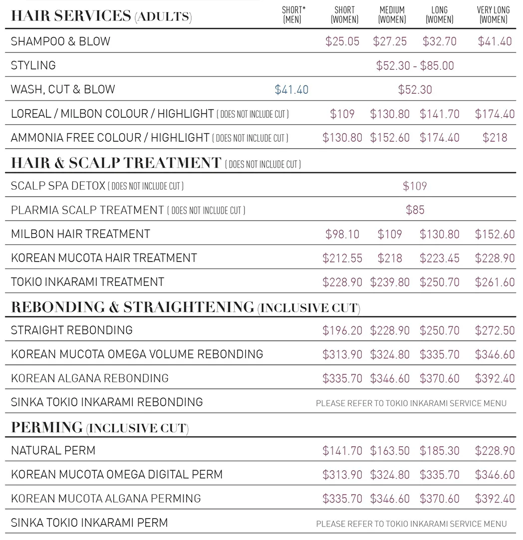 Price list for Myeongdong Korean Hair Studio, Lot One, Choa Chu Kang