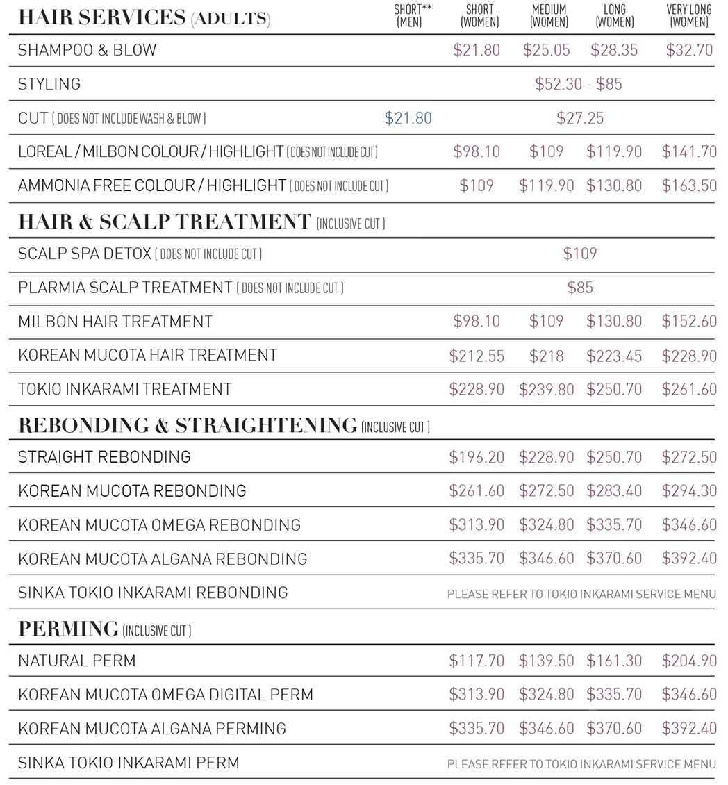 Price list for Myeongdong Korean Hair Studio, Punggol Coast Plaza