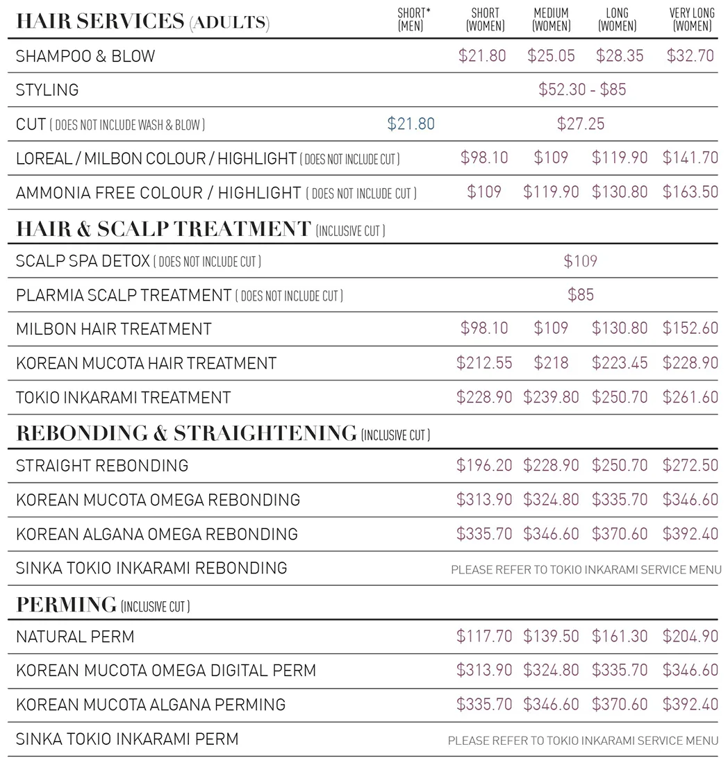 Price list for Myeongdong Korean Hair Studio, Segar