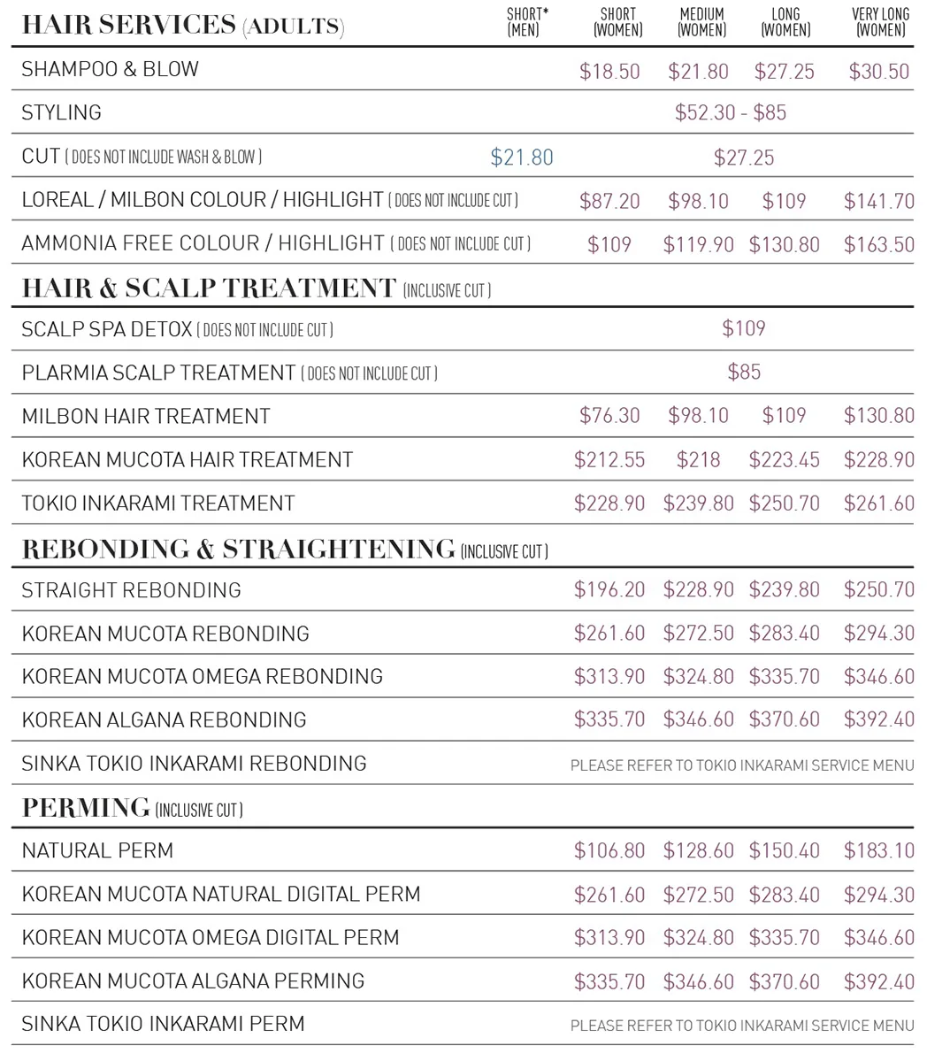 Price list for Myeongdong Korean Hair Studio, Rivervale Mall